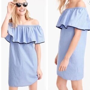 NWOT J.Crew Tipped Off-The-Shoulder Ruffle Blue Cotton Mini Dress Size L